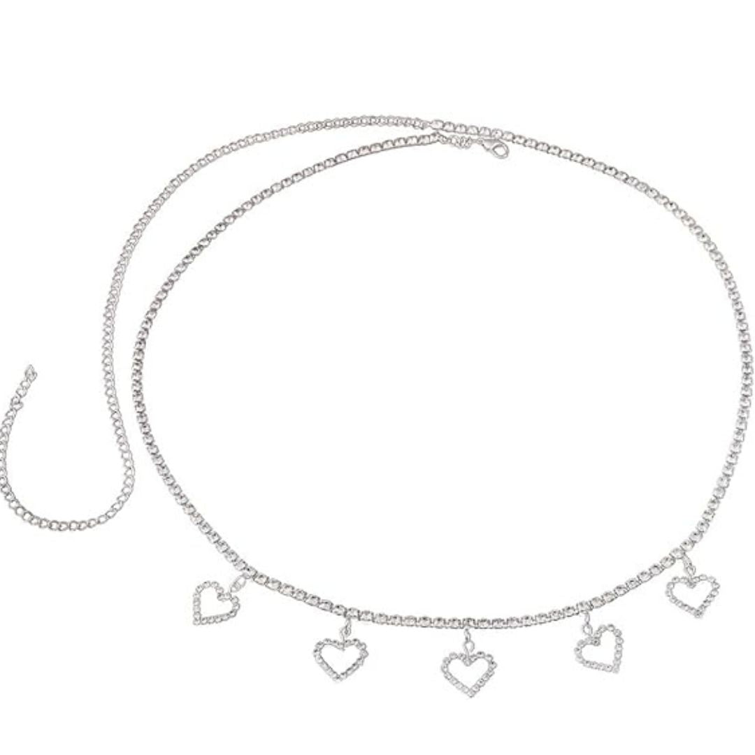 Sparkling belly chain with heart pendants in silver