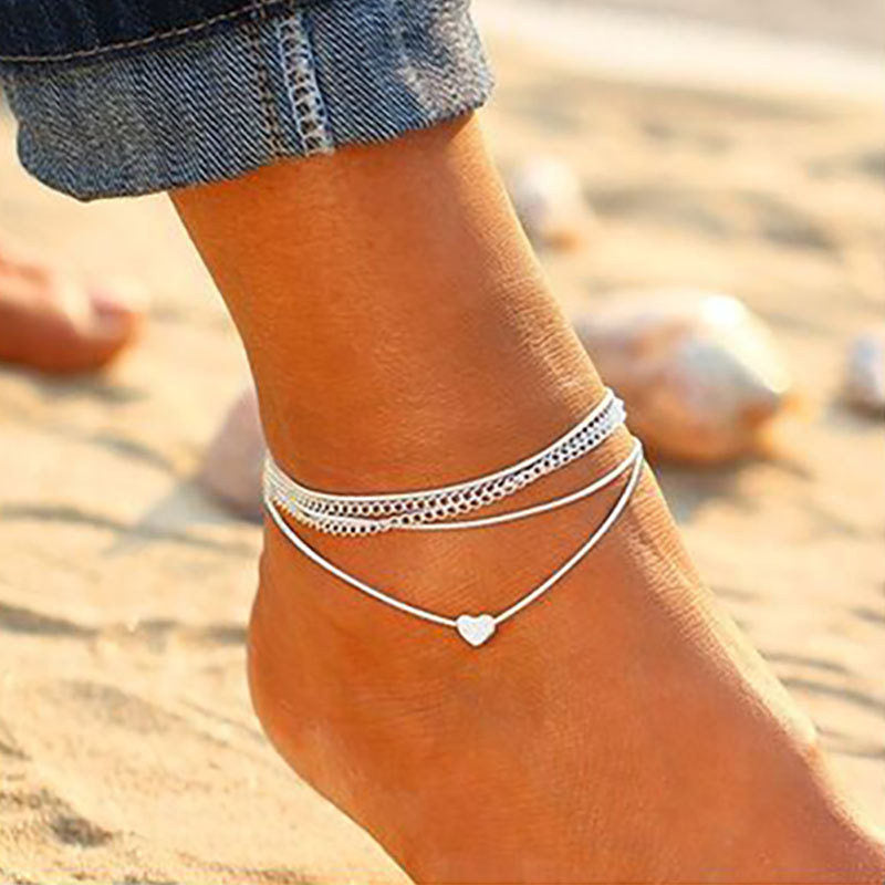 Women's fashion Silver-coloured heart anklets for the summer