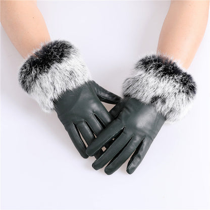 Genuine lamb leather gloves with rabbit fur cuffs | Ladies leather gloves