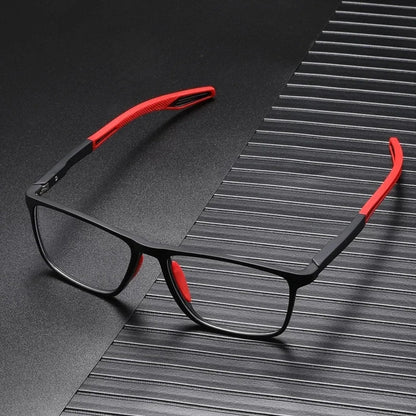 Contemporary rectangular glasses with coloured temples