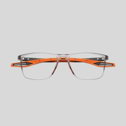 Contemporary rectangular glasses with coloured temples